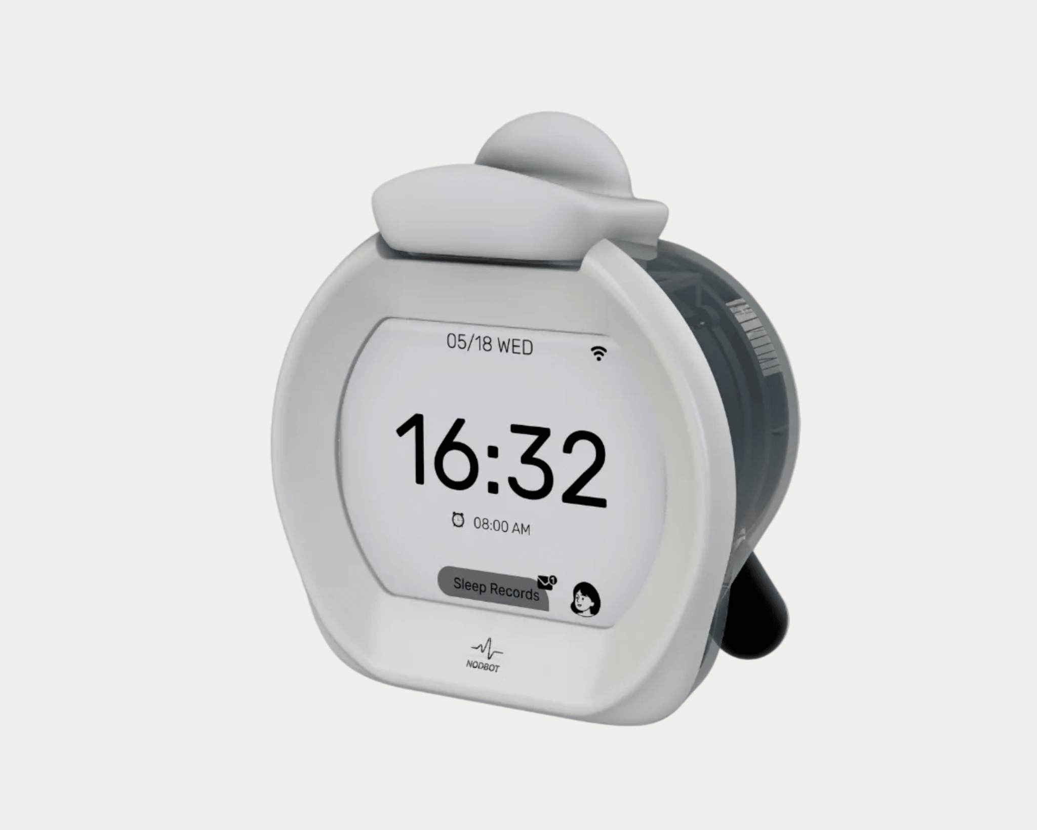 Raychel NODBOT AI sleep alarm clock on bedside table with sunrise light effect